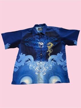 Y2K Urban Rags AOP Tribal Dragon Short Sleeve Button Down Shirt Nerdy Large